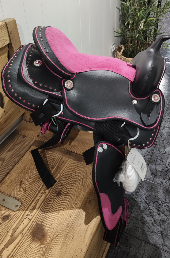 Selle Western poney noir et rose (neuf) occasion